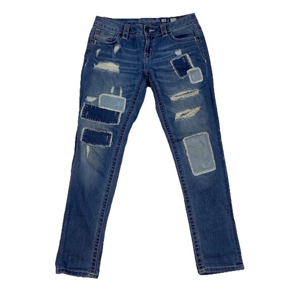 Miss Me Jeans 28x27 Distressed Patchwork Skinny Blue Denim Mid Rise Boho - Picture 1 of 13